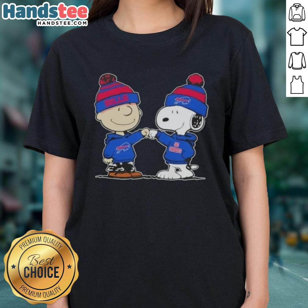 Charlie Brown and Snoopy fist bump in Buffalo Bills football ladies tee, showcasing a fun Good Peanuts design.