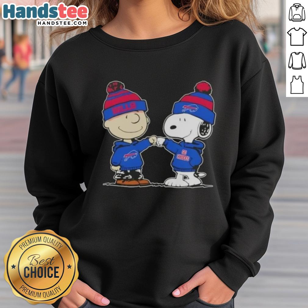 Charlie Brown and Snoopy fist bump in a Buffalo Bills football sweatshirt, celebrating friendship and team spirit.