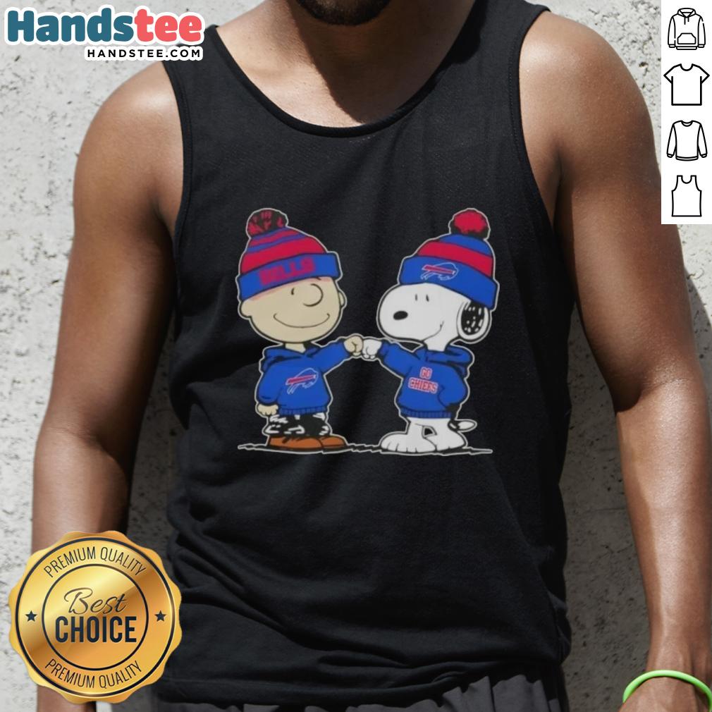 Charlie Brown and Snoopy fist bump on a Buffalo Bills football tank top, celebrating teamwork and fun.