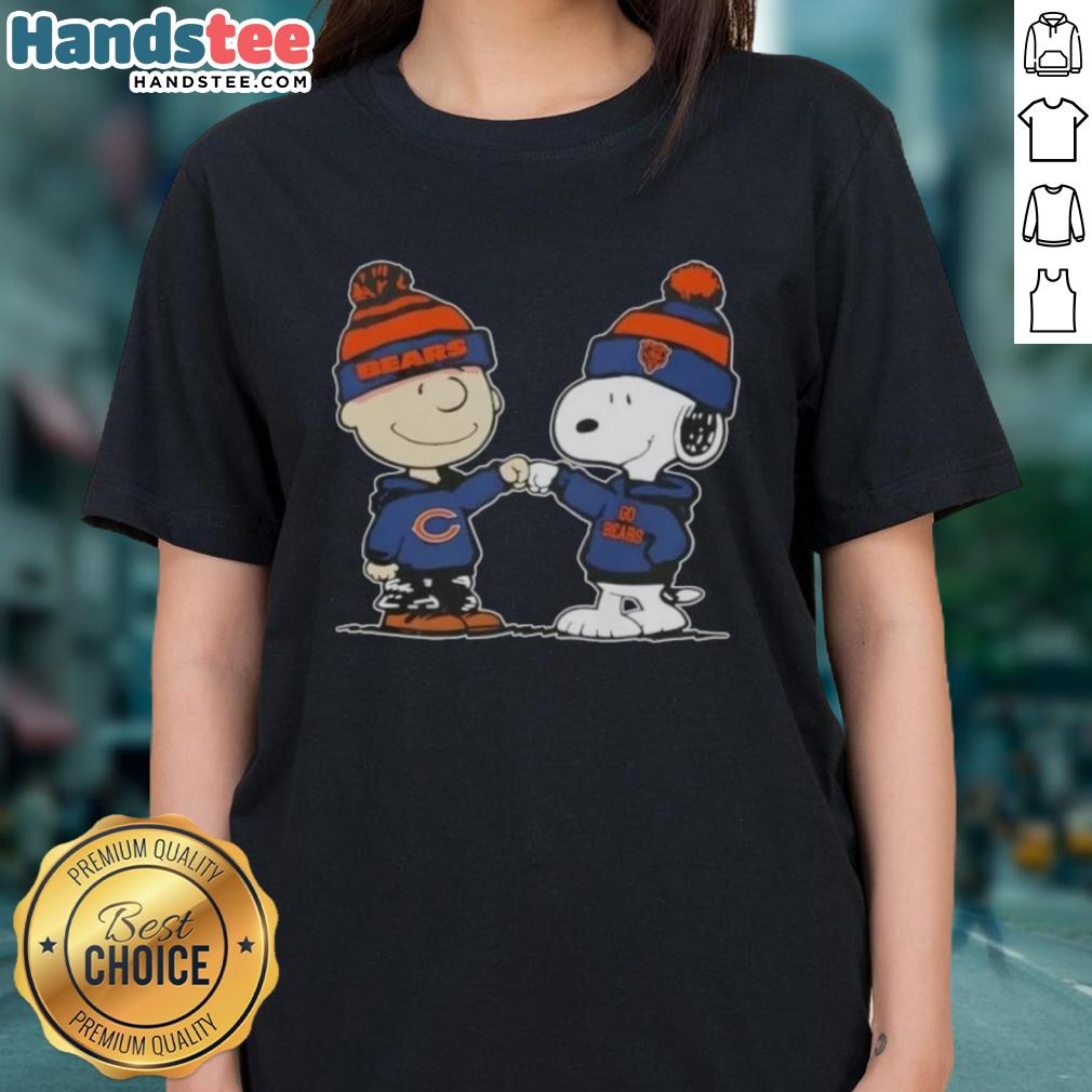 Good Peanuts Charlie Brown fist bump with Snoopy, featuring Chicago Bears football design on a ladies tee.