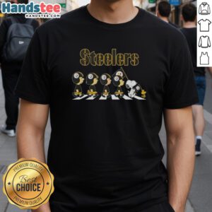 Good Pittsburgh Steelers X Peanuts Snoopy and Friends Abbey Road T-Shirt featuring iconic characters in a playful design.