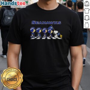 Good Seattle Seahawks X Peanuts Snoopy and Friends Abbey Road T-Shirt featuring iconic characters in a fun design.