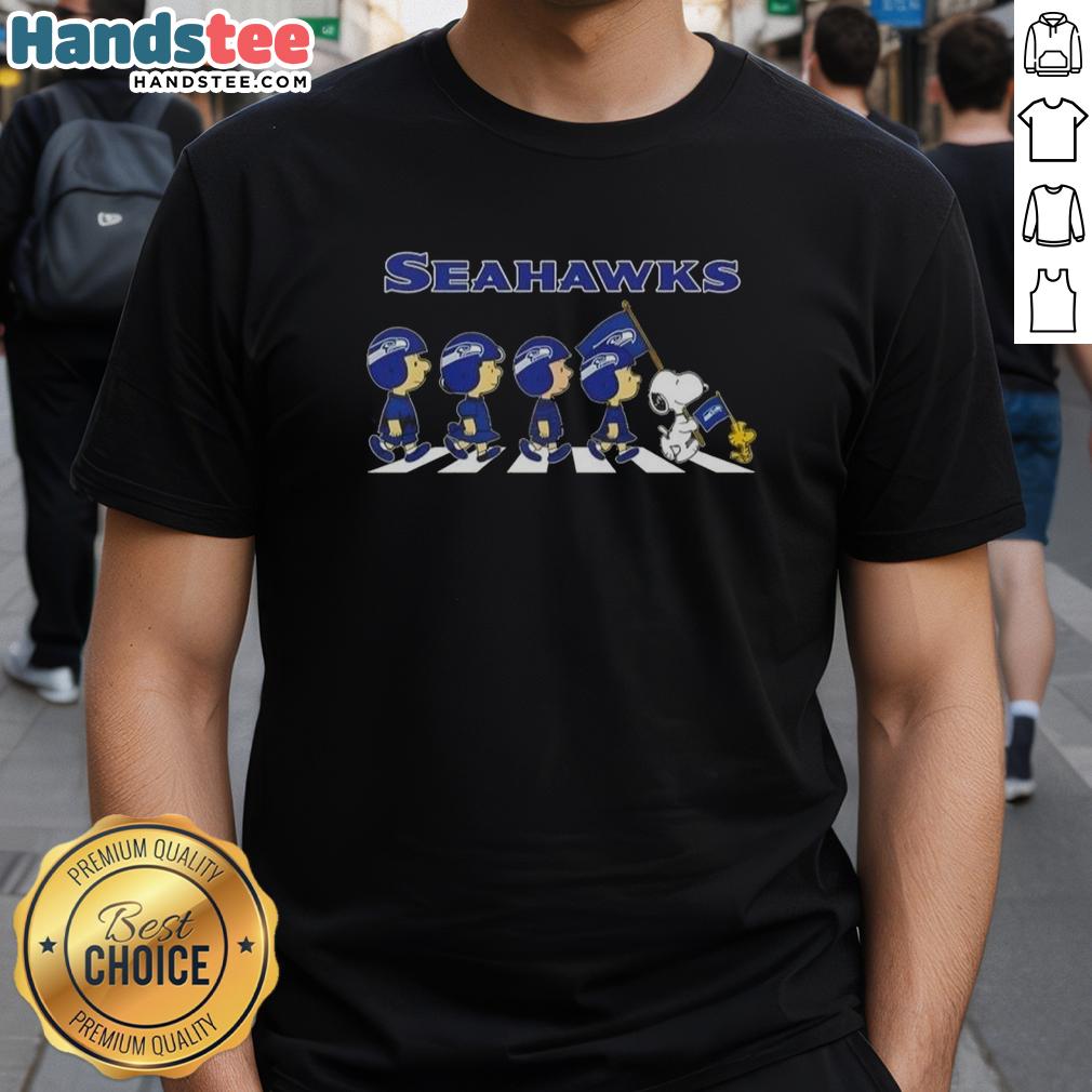 Good Seattle Seahawks X Peanuts Snoopy and Friends Abbey Road T-Shirt featuring iconic characters in a fun design.