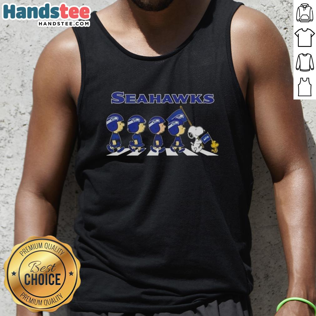 Good Seattle Seahawks X Peanuts Snoopy and Friends Abbey Road tank top featuring iconic characters in a fun design.