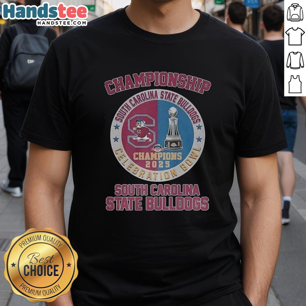 Alt Text: South Carolina State Bulldogs 2025 Celebration Bowl Champions logo on a trophy t-shirt, showcasing team pride.