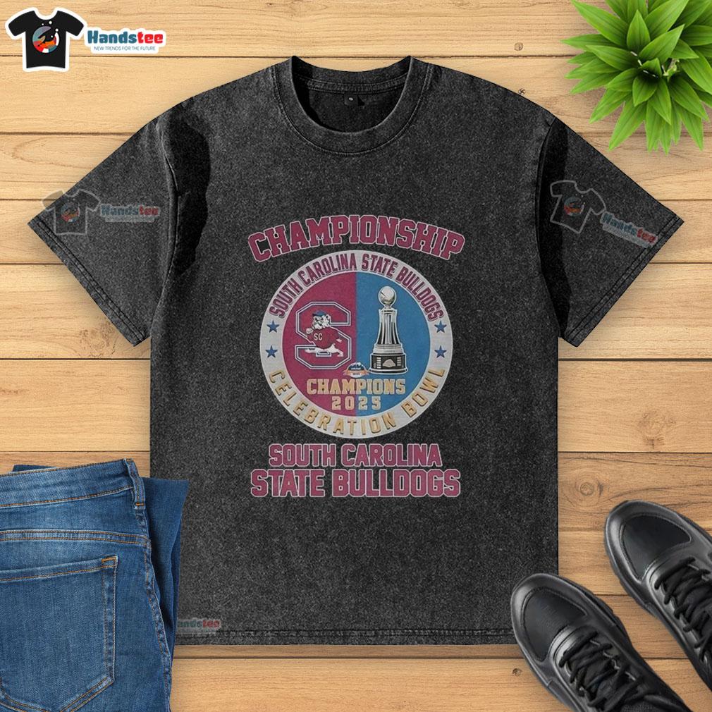 Alt Text: Good South Carolina State Bulldogs 2025 Celebration Bowl Champions logo on a washed t-shirt, showcasing team pride.