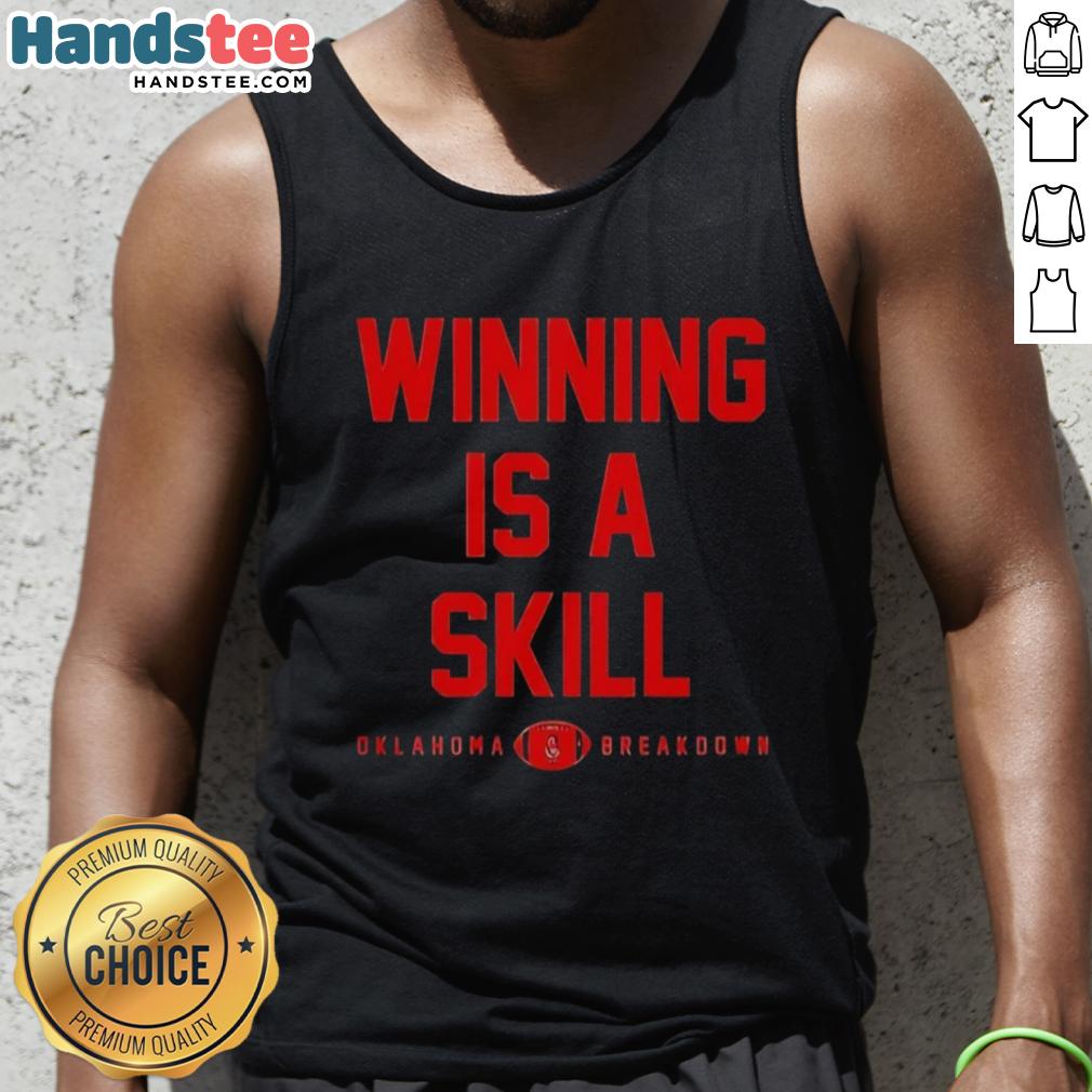 Good Winning is a Skill Oklahoma Breakdown Tank Top displayed on a mannequin, showcasing vibrant design and stylish fit.