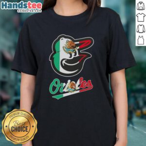 Happy Baltimore Orioles baseball ladies tee featuring a vibrant Mexican flag design, perfect for fans celebrating culture.