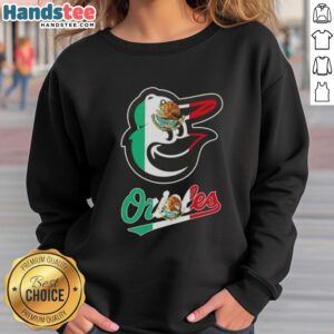 Happy Baltimore Orioles baseball sweatshirt featuring a vibrant Mexican flag design, perfect for fans and style.