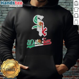 Alt Text: Happy Chicago White Sox baseball fan wearing a Mexican flag hoodie, showcasing team spirit and cultural pride.