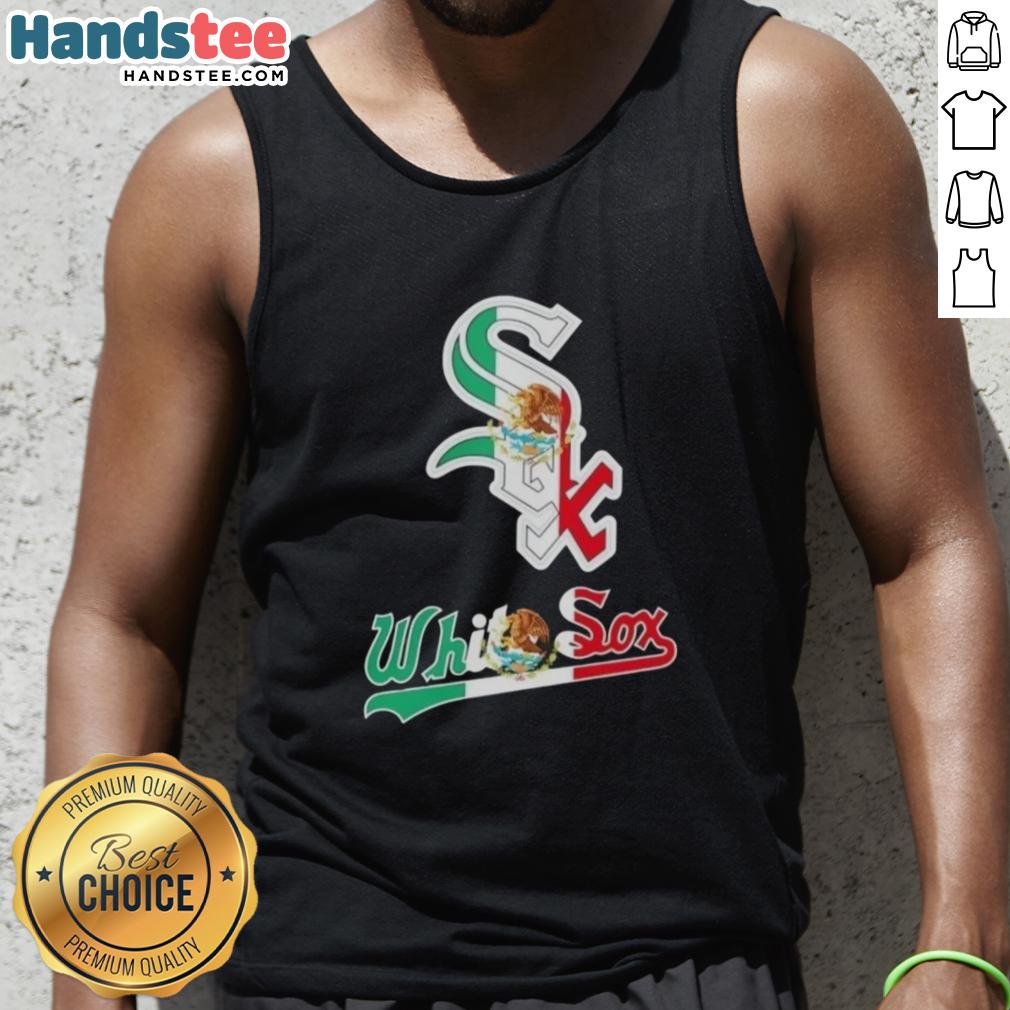 Happy Chicago White Sox baseball fan wearing a Mexican flag tank top at a game, showcasing team spirit and cultural pride.