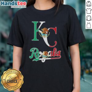 Alt Text: Happy Kansas City Royals baseball ladies tee featuring colorful Mexican flag design for fans.