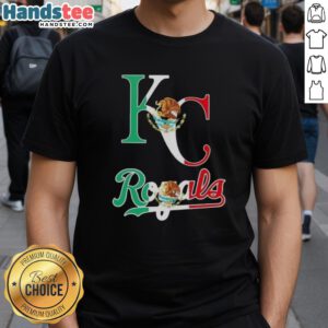 Alt Text: Happy Kansas City Royals baseball t-shirt featuring the Mexican flag design, perfect for fans celebrating their heritage.