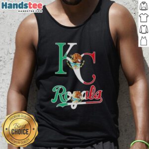 Happy Kansas City Royals baseball fan wearing a Mexican flag tank top, celebrating team spirit and cultural pride.