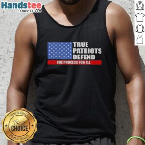 Happy True Patriots defend due process wearing a US flag tank top, showcasing patriotism and support for justice.