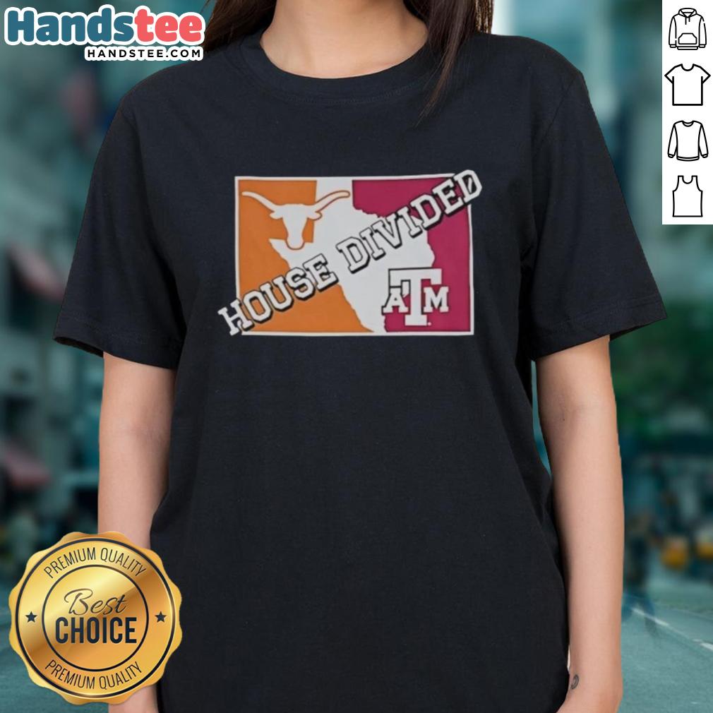 Hot House Divided Texas Longhorns vs Texas A&M Aggies ladies tee featuring team logos and vibrant colors for game day.