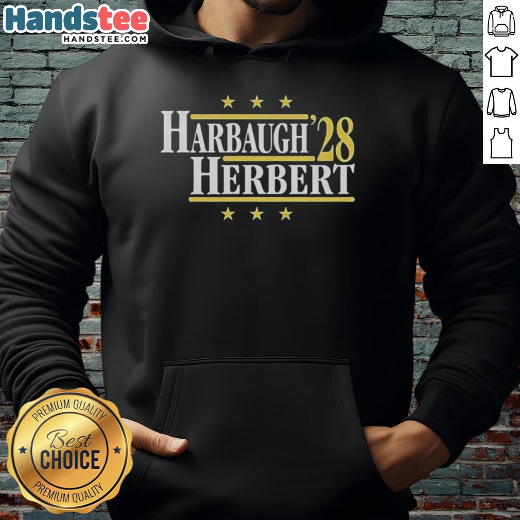 Alt Text: Hot Jim Harbaugh vs. Justin Herbert 2028 hoodie, featuring vibrant graphics and team logos for Chargers fans.