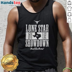 Texas Longhorns vs Texas A&M Aggies tank top featuring 'Hook Em Horns' design for the 2025 Lone Star Showdown.