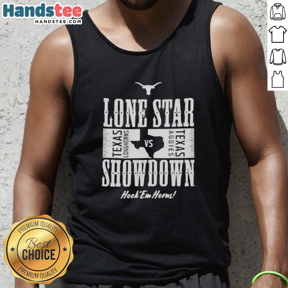Texas Longhorns vs Texas A&M Aggies tank top featuring 'Hook Em Horns' design for the 2025 Lone Star Showdown.