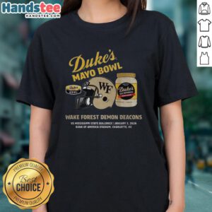 Alt Text: Ladies tee featuring Hot Wake Forest Demon Deacons logo for the 2026 Dukes Mayo Bowl, perfect for fans.
