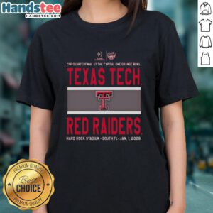 Alt Text: Texas Tech Red Raiders logo on a ladies tee at the 2026 CFP Quarterfinal in the Capital One Orange Bowl.