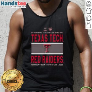 Alt Text: Texas Tech Red Raiders logo tank top featuring Nice 2026 CFP Quarterfinal at the Capital One Orange Bowl design.