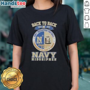 Alt Text: Women's Navy Midshipmen Football tee commemorating the 2024-2025 Commander in Chief's Trophy victory.