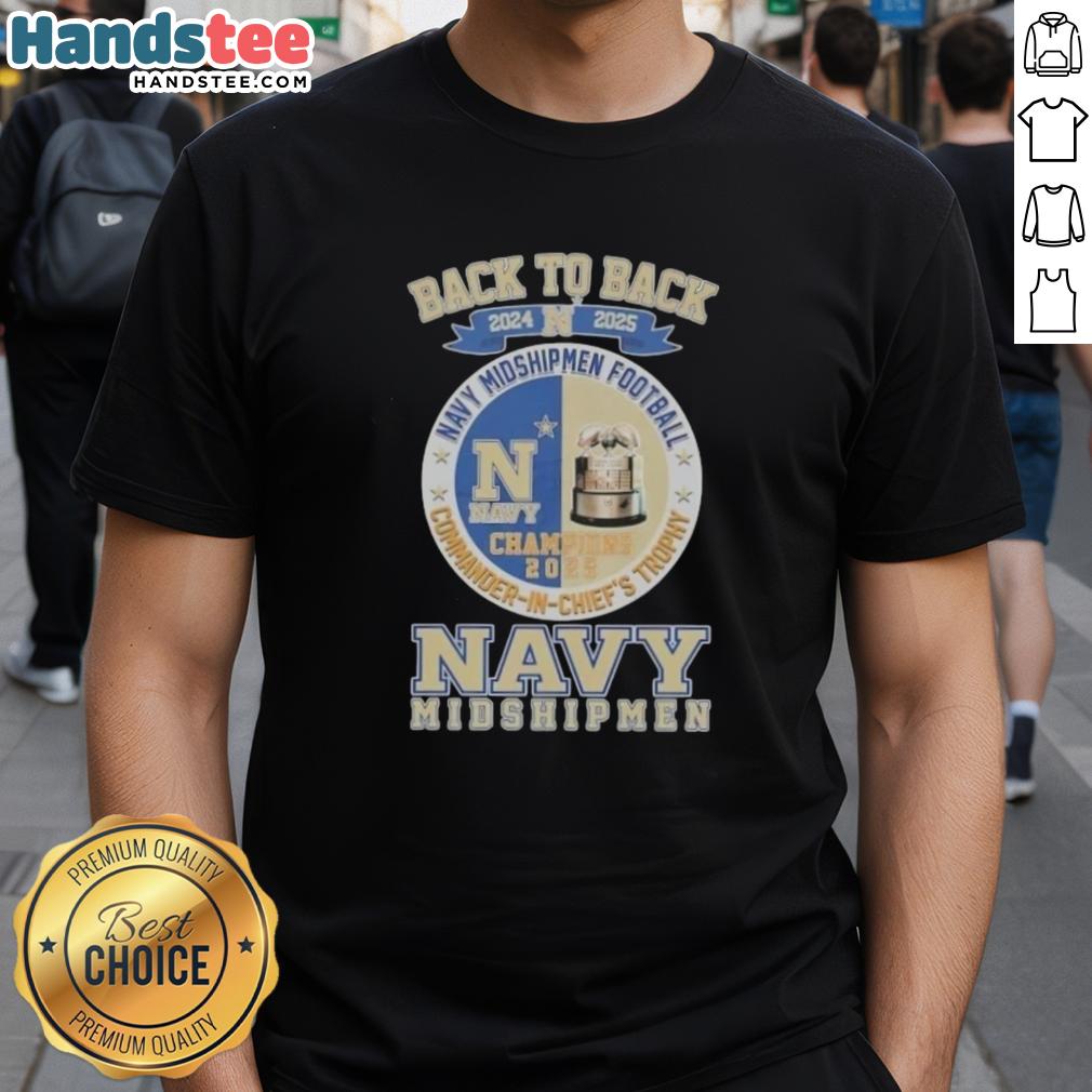 Alt Text: 2024 2025 Navy Midshipmen Football Commander-In-Chief's Trophy T-Shirt featuring a stylish back-to-back design.