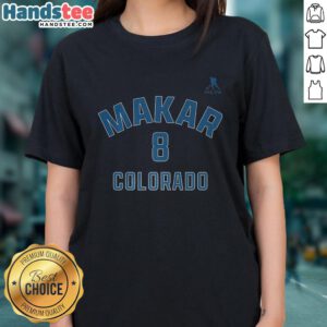 Ladies' tee featuring Cale Makar, Colorado Avalanche, with name and number 8, perfect for ice hockey fans.
