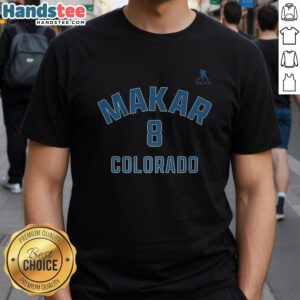 Alt Text: Cale Makar Colorado Avalanche Ice Hockey T-Shirt featuring name and number 8 design in team colors.