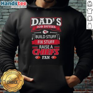 Alt Text: Dad wearing a hoodie showcasing Kansas City Chiefs fan pride while building and fixing stuff.