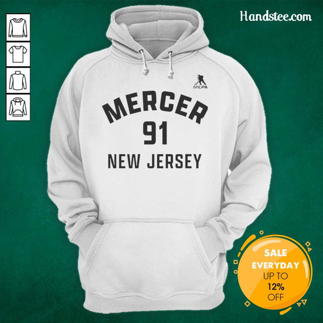 Alt Text: Nice Dawson Mercer New Jersey Devils Ice Hockey hoodie with name and number 91 displayed prominently.