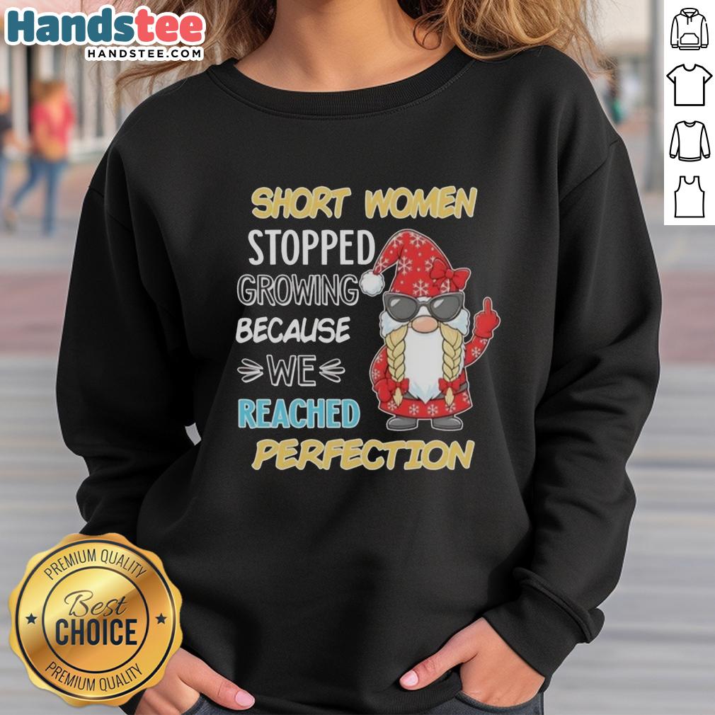 Cute short women in a Nice Gnome sweatshirt, showcasing a stylish and cozy design perfect for everyday wear.