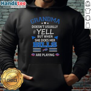 Nice grandma in a Buffalo Bills hoodie, expressing excitement during a football game.