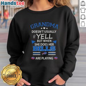 Nice grandma in a Buffalo Bills sweatshirt, excitedly cheering during a football game.