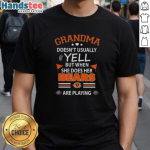 Nice grandma wearing a Chicago Bears football t-shirt, showcasing her passion for the team with a playful expression.