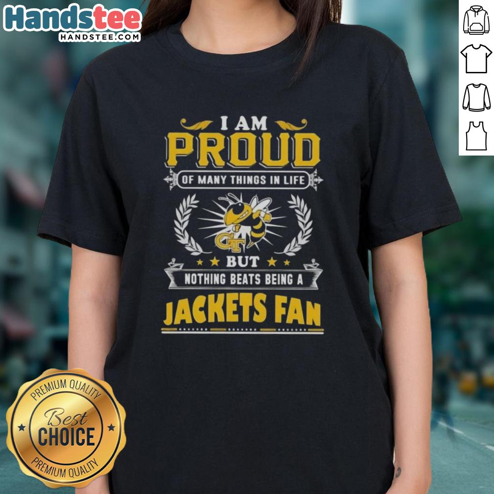 Ladies tee featuring 'Proud to be a Georgia Tech Yellow Jackets fan' design, perfect for GT supporters.