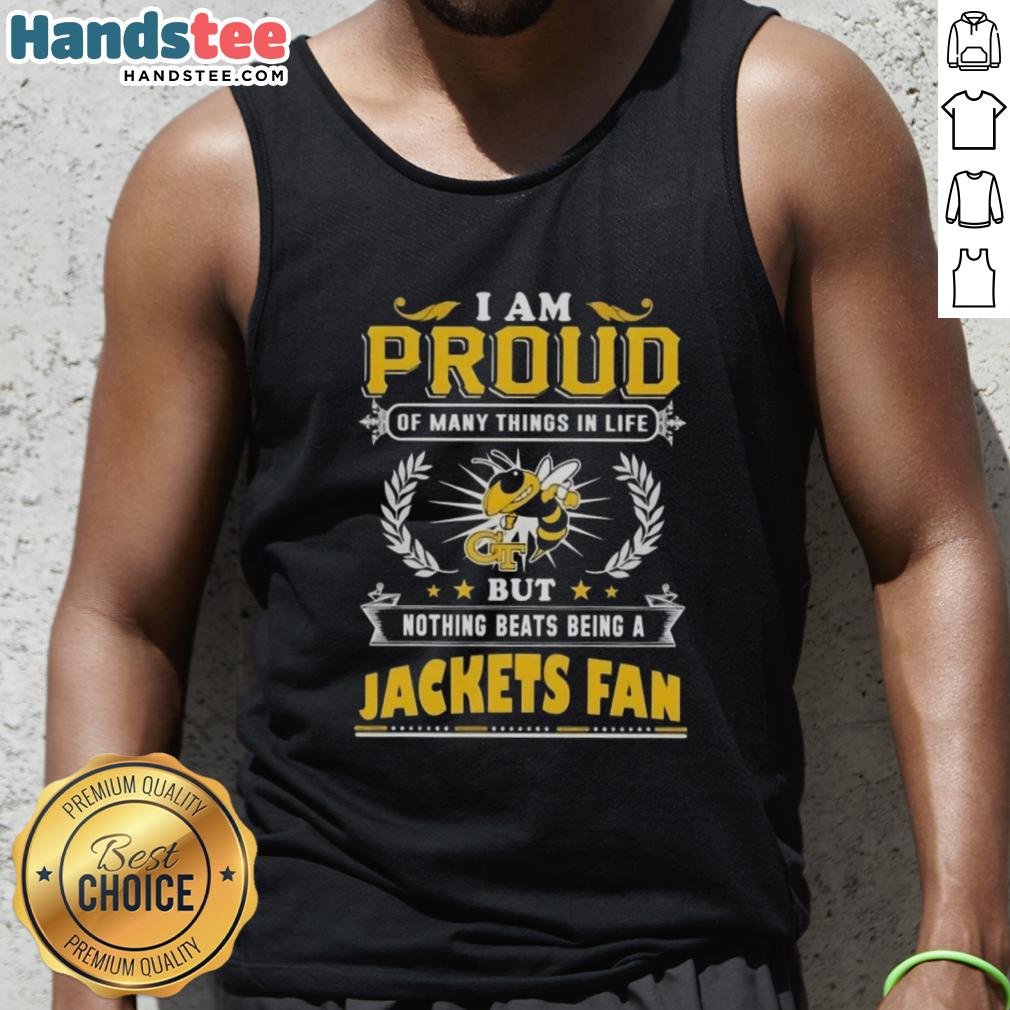 Georgia Tech Yellow Jackets fan wearing a proud tank top showcasing team spirit and enthusiasm for college sports.