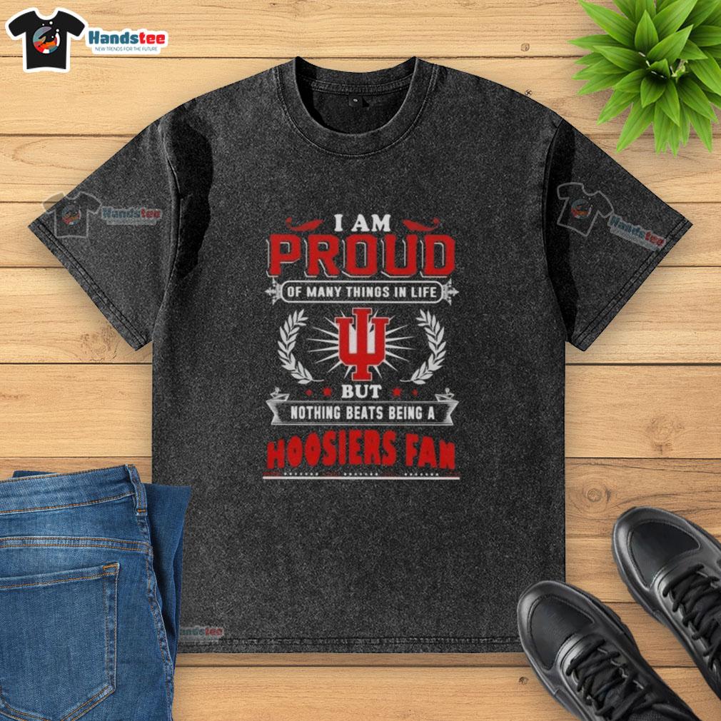 Alt Text: Indiana Hoosiers fan proudly wearing a washed T-shirt, showcasing love for the team and school spirit.