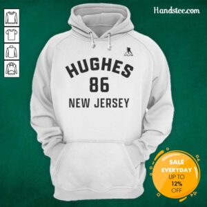 Alt Text: Jack Hughes New Jersey Devils ice hockey hoodie with name and number 86, perfect for fans of the NHL team.