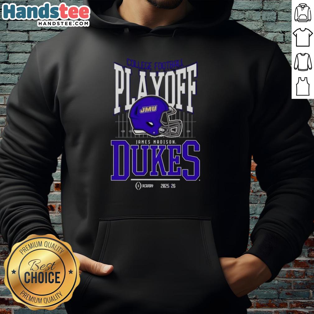 James Madison Dukes 2025-2026 College Football Playoff Bound helmet hoodie featuring team colors and logo.