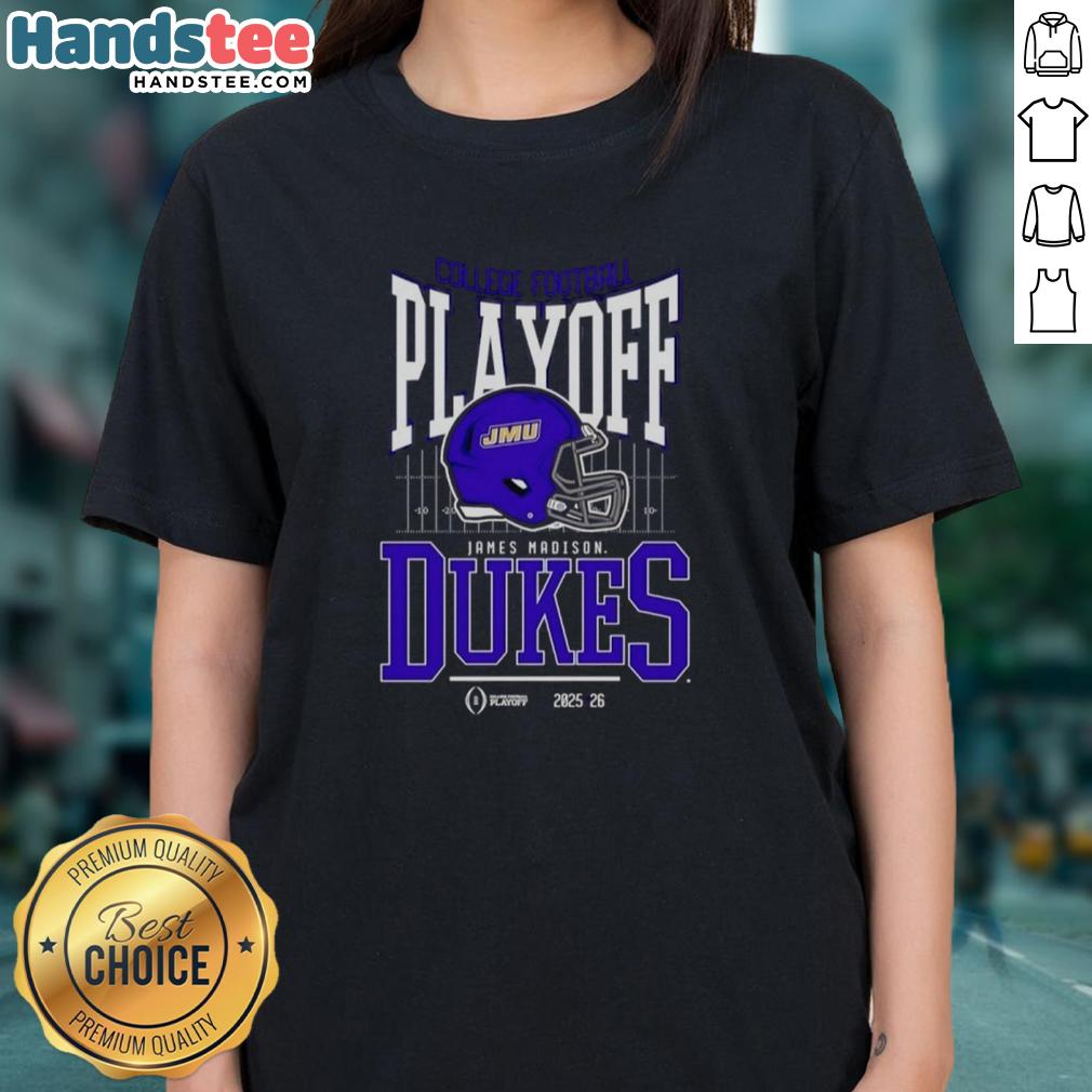 Alt Text: Ladies tee featuring the Nice James Madison Dukes 2025-2026 College Football Playoff Bound helmet design.