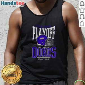 James Madison Dukes 2025-2026 College Football Playoff Bound Helmet Tank Top featuring team colors and logo.