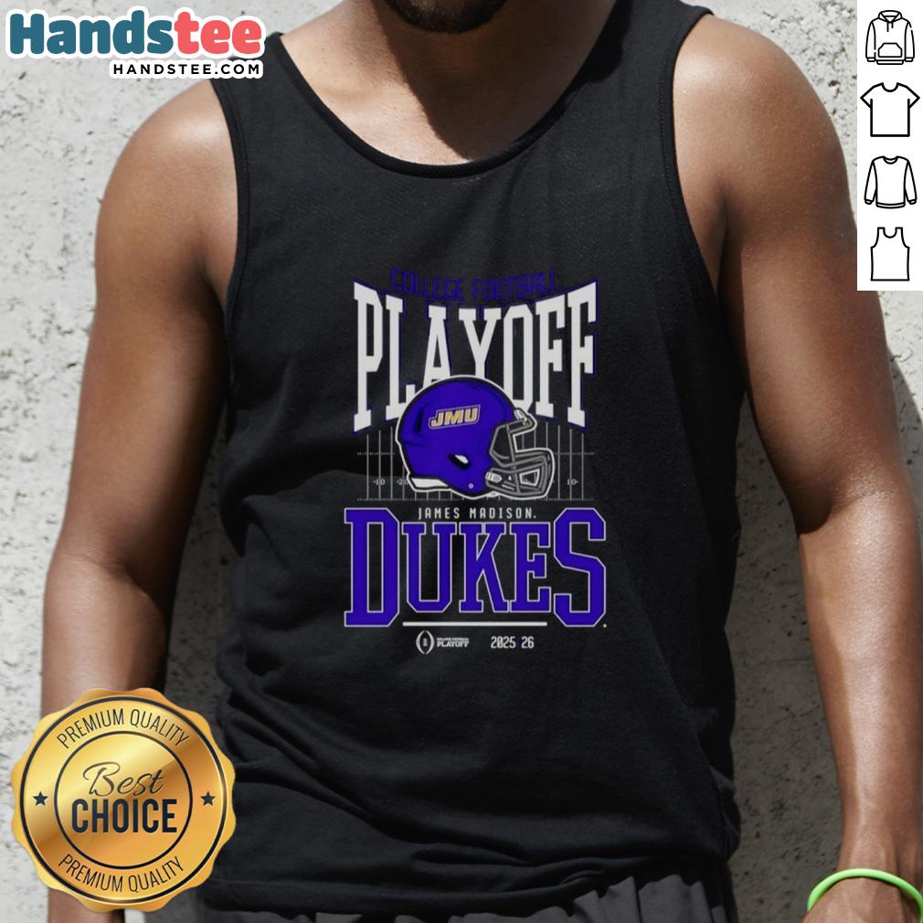 James Madison Dukes 2025-2026 College Football Playoff Bound Helmet Tank Top featuring team colors and logo.