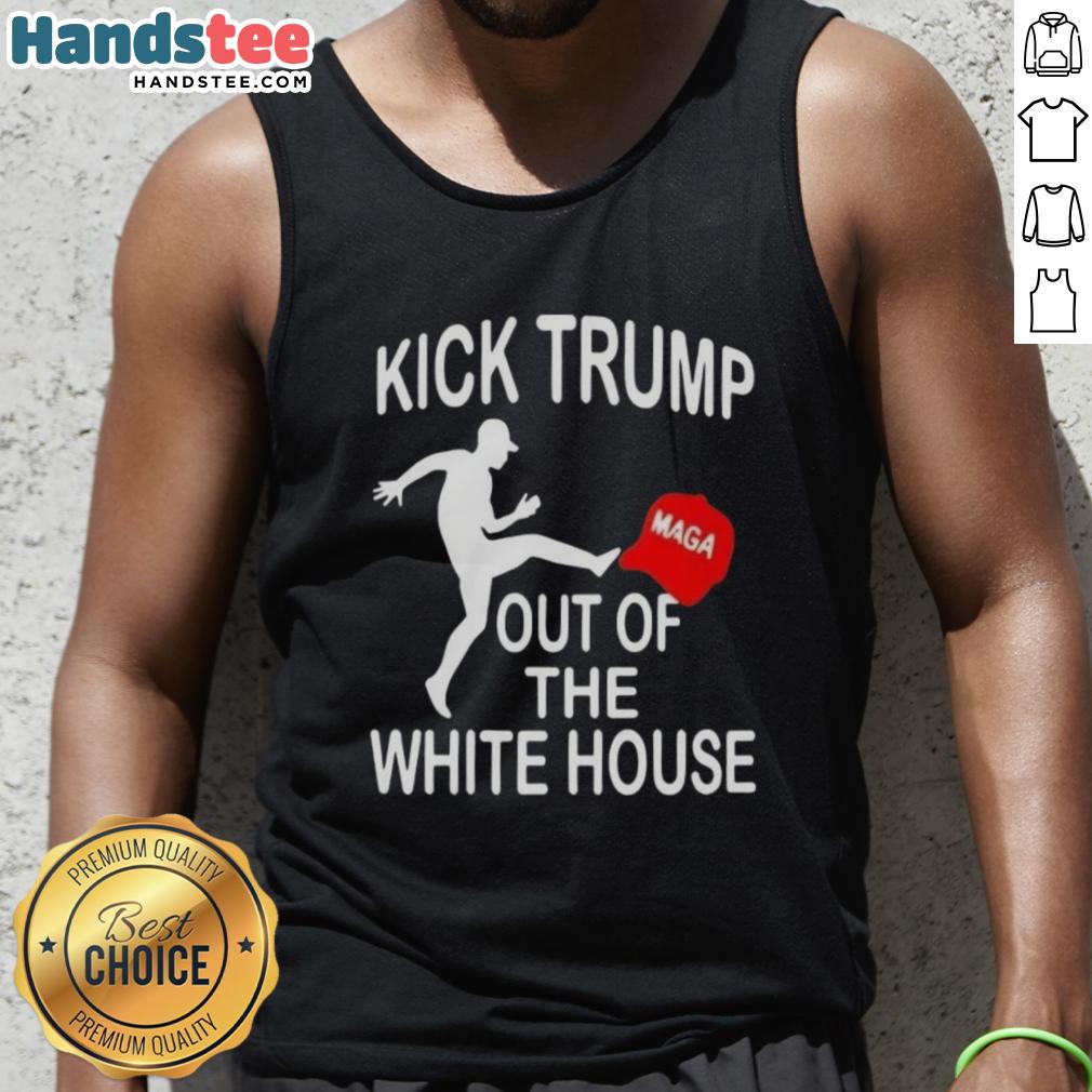 Red tank top featuring a Nice Kick Trump graphic and MAGA hat design, perfect for political rallies and casual wear.