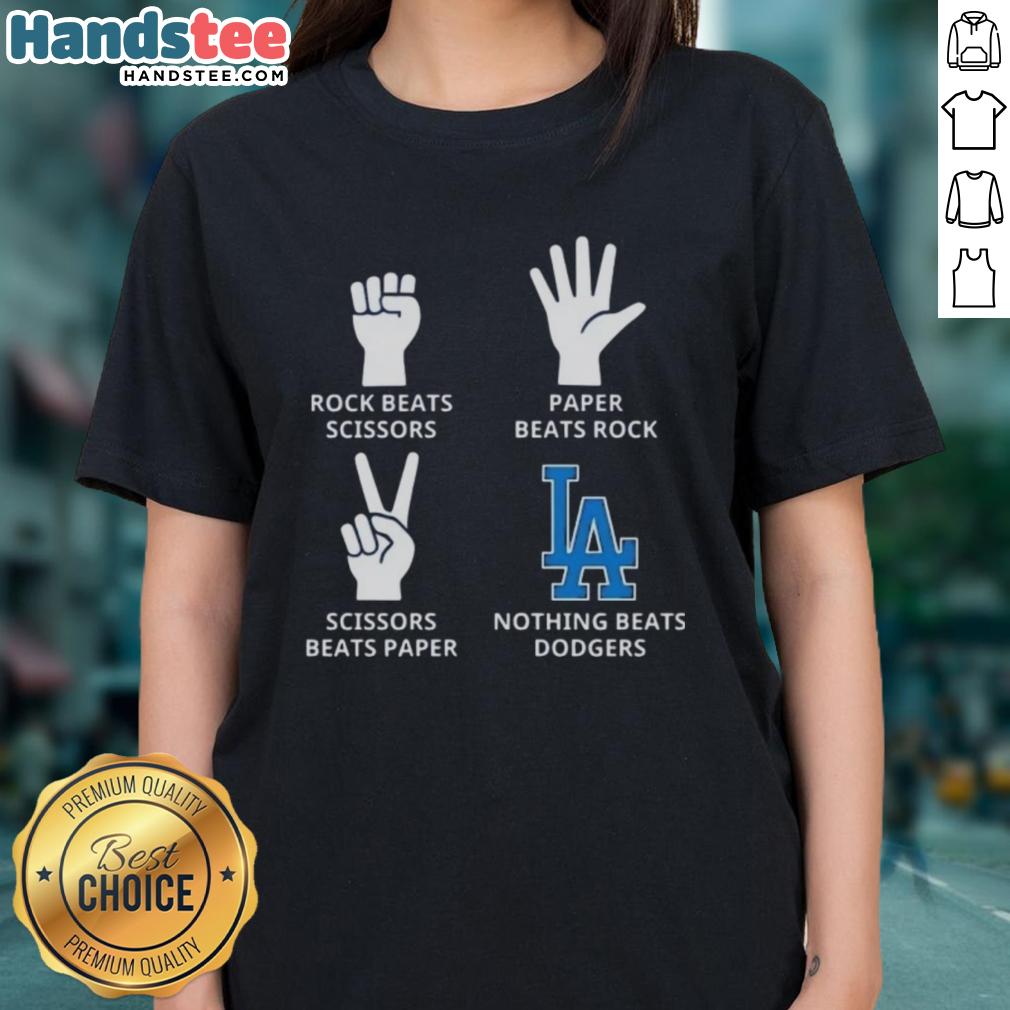 Los Angeles Dodgers ladies tee featuring 'Nothing Beats Rock, Scissors, Paper Beats Rock, Scissors Beats Paper' design.