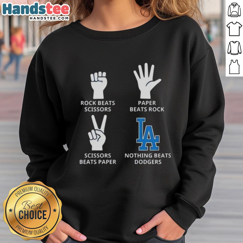 Cozy Los Angeles Dodgers sweatshirt featuring 'Nothing Beats Rock, Paper, Scissors' design, perfect for fans.