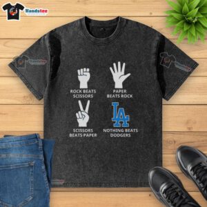 Los Angeles Dodgers washed t-shirt featuring 'Nothing Beats Rock, Paper, Scissors' graphic design.