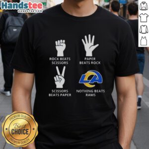 Alt Text: Los Angeles Rams t-shirt featuring 'Nothing Beats Rock, Paper, Scissors' design for fans and sports enthusiasts.