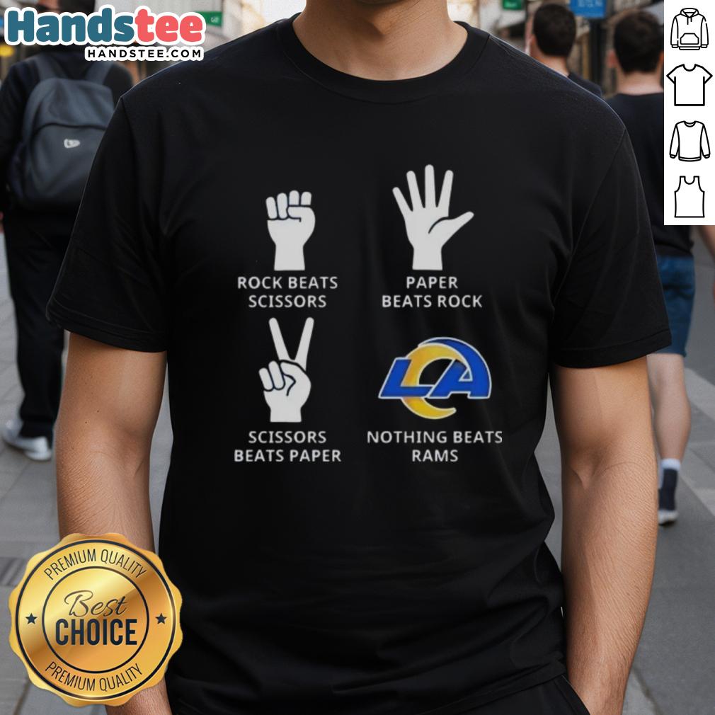 Alt Text: Los Angeles Rams t-shirt featuring 'Nothing Beats Rock, Paper, Scissors' design for fans and sports enthusiasts.
